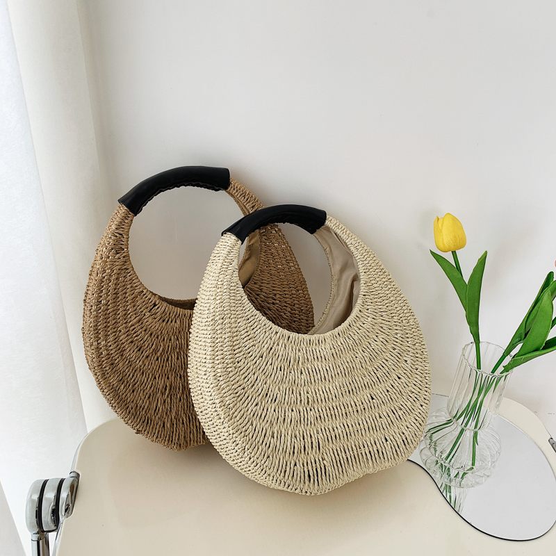 Almeja Halmhandväska För Kvinnor Med Runt Handtag - Beige