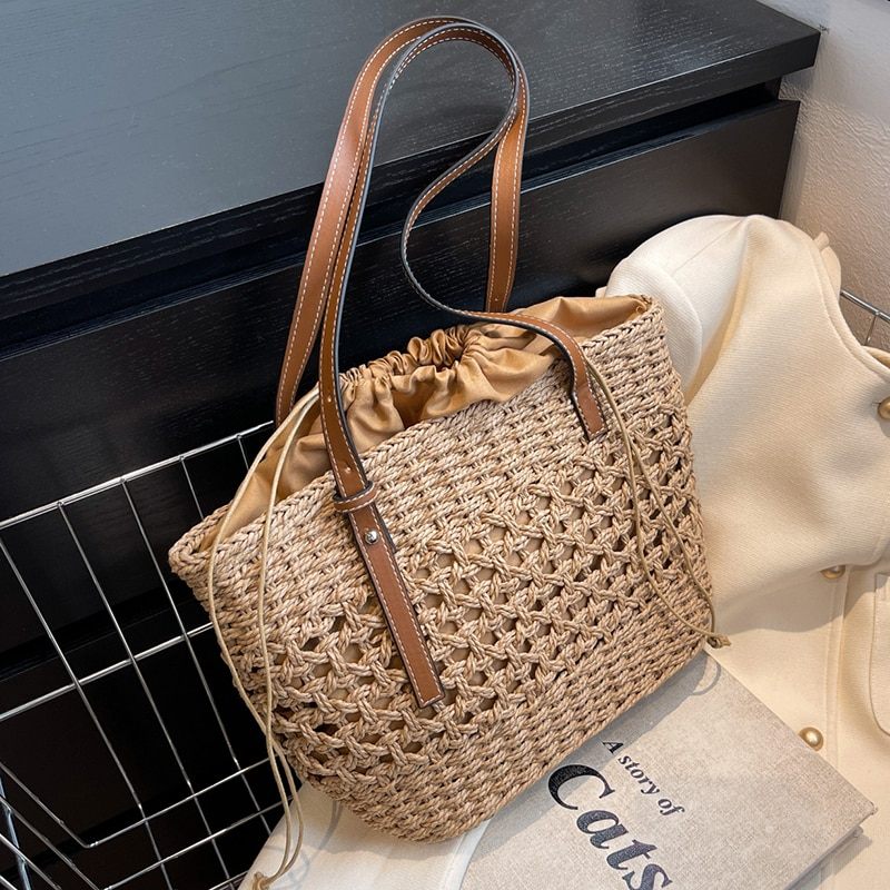 Amaya Handväska Med Stor Stråstrandhink För Kvinnor - Beige
