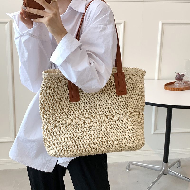 Camilo Handväska Med Halmvävd Halm Med Stor Kapacitet För Kvinnor - Beige