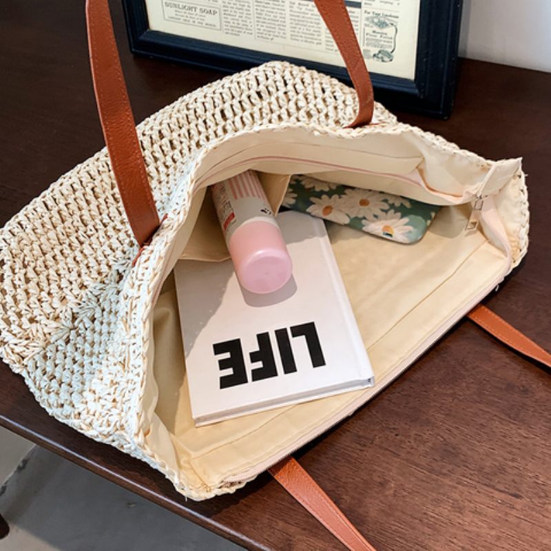 Camilo Handväska Med Halmvävd Halm Med Stor Kapacitet För Kvinnor - Beige