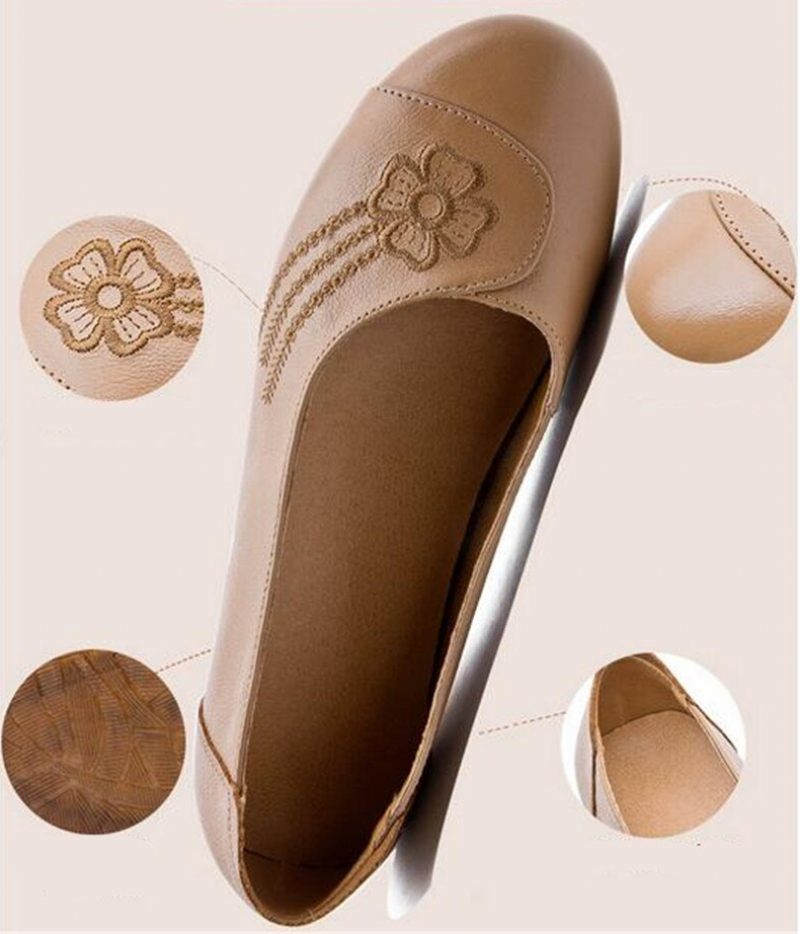 Dianna Dambroderade Mjuka Läder Slip-on Loafer Skor - Kaki