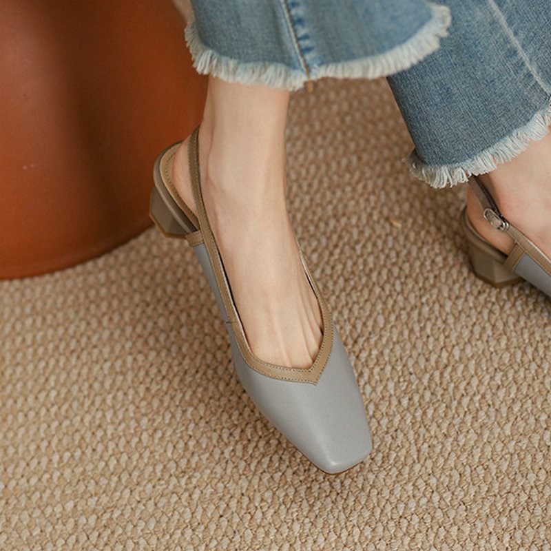 Emilia Sandal I Läder Med Fyrkantig Tå För Kvinnor - Beige