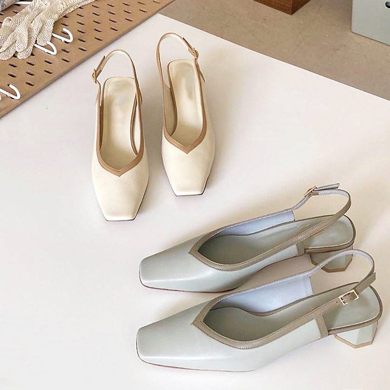 Emilia Sandal I Läder Med Fyrkantig Tå För Kvinnor - Beige