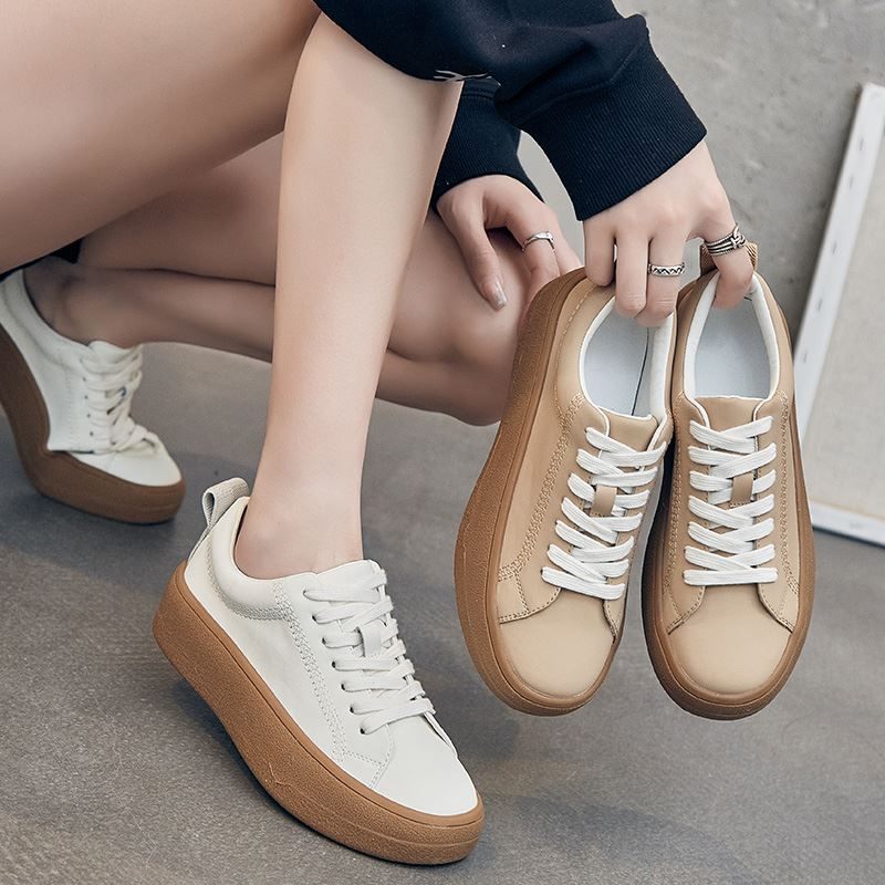 Franco Casual Sneaker I Läder För Kvinnor Med Snören - Beige
