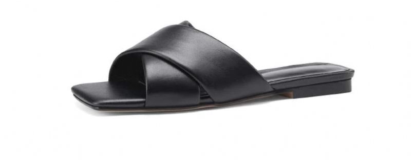 Gal Dam Läder Platt Svart Sandal - Svart