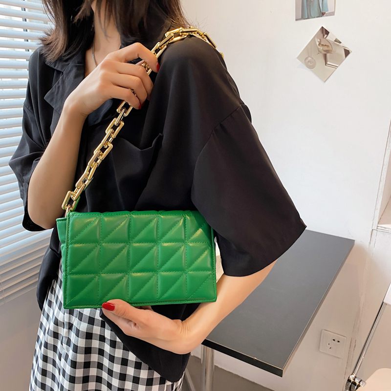 Kamel Handväska För Kvinnor Chunky Chain Quiltat Läder - Grön