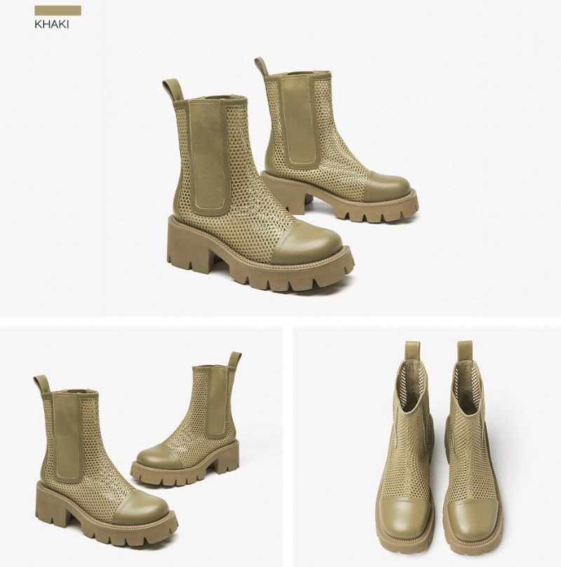 Klein Läderstövlar I Mesh-plattform För Kvinnor - Khaki
