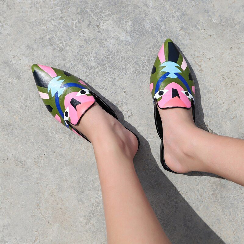 Koky Damtryckta Smal Toe Mules Skor - Rosa
