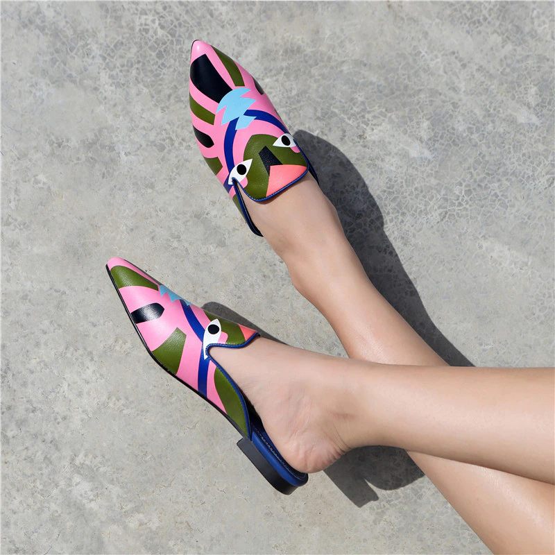 Koky Damtryckta Smal Toe Mules Skor - Rosa