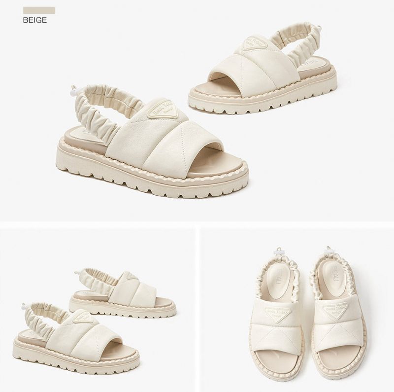 Litcy Sandal Med Elastiskt Band I Läder För Kvinnor - Beige