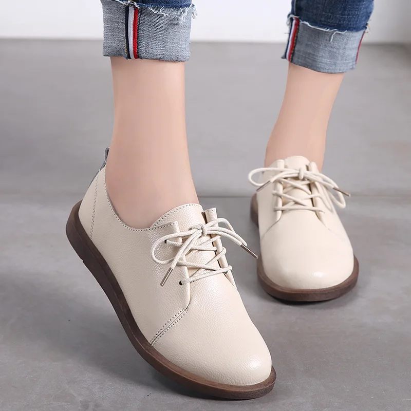Lizzy Läderskor För Läder Från Oxfords Platta Skor - Beige