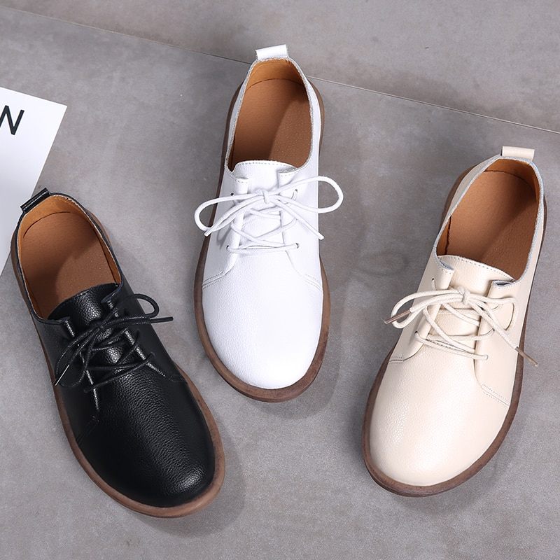 Lizzy Läderskor För Läder Från Oxfords Platta Skor - Beige