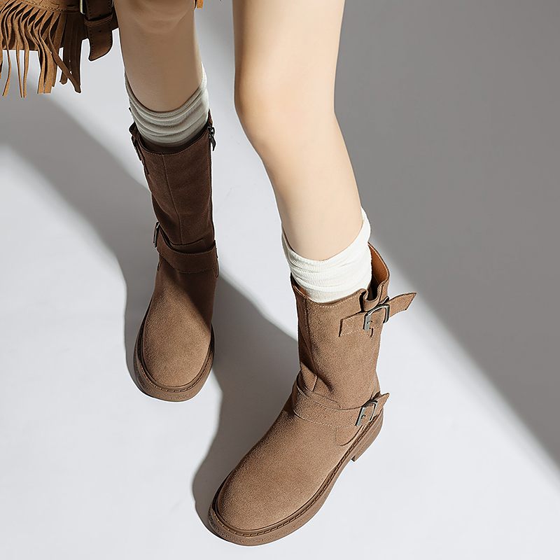 Luvy Kvinnors Mid Calf High Rund Toe Boots - Svart