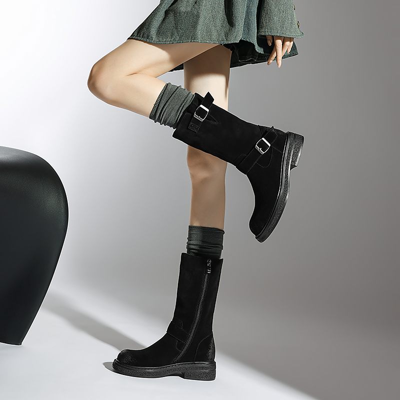 Luvy Kvinnors Mid Calf High Rund Toe Boots - Svart