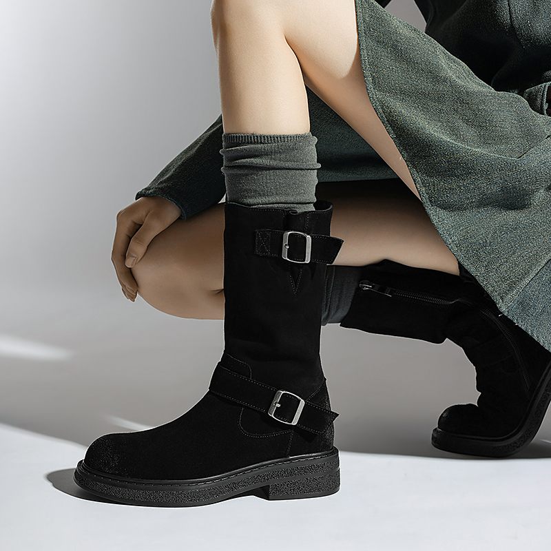 Luvy Kvinnors Mid Calf High Rund Toe Boots - Svart