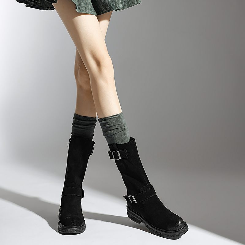 Luvy Kvinnors Mid Calf High Rund Toe Boots - Svart