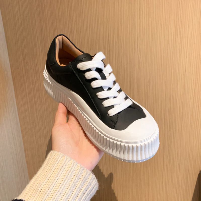 Mardin Flat Läder Platform Black Sneaker För Kvinnor - Svart