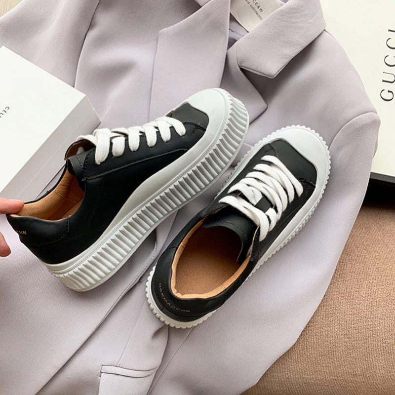 Mardin Flat Läder Platform Black Sneaker För Kvinnor - Svart