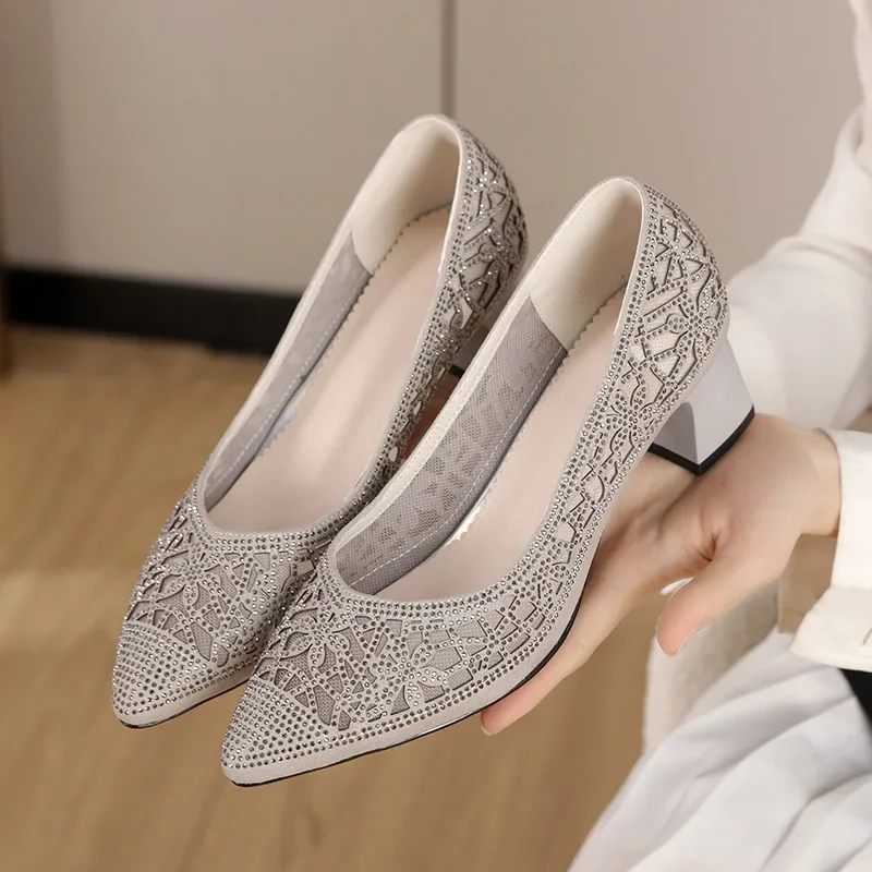 Mary Dam Rhinestone Pumps Med Spetsad Tå - Guld