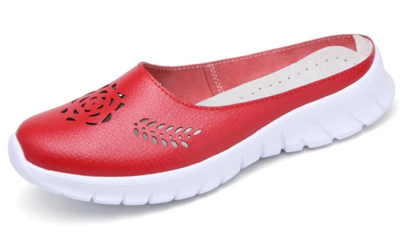Merly Kvinnors Äkta Läder Sommar Platta Flip-flops Skor - Röd
