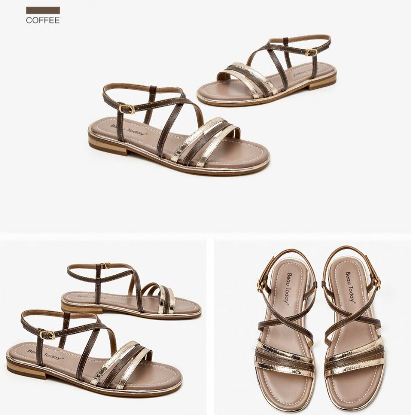 Polonia Gladiator Platt Sandal I Läder För Kvinnor - Kaffe