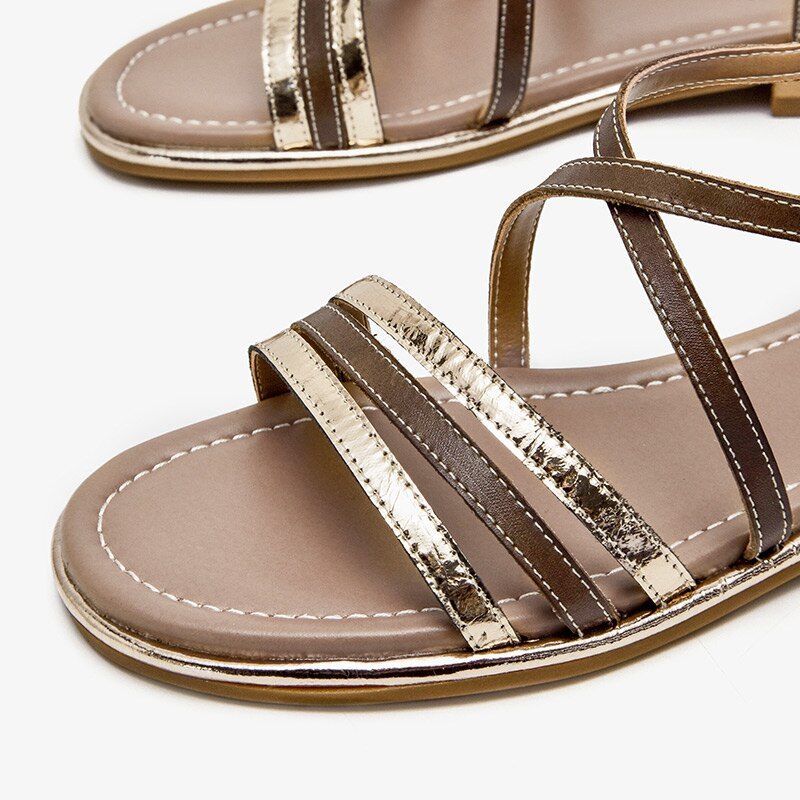 Polonia Gladiator Platt Sandal I Läder För Kvinnor - Kaffe