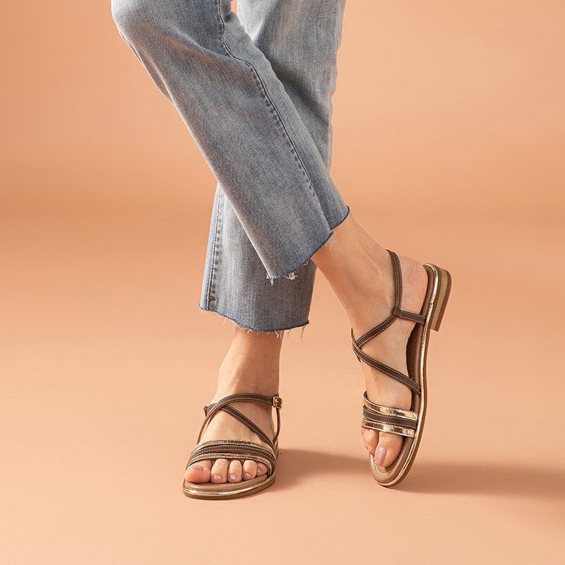 Polonia Gladiator Platt Sandal I Läder För Kvinnor - Kaffe