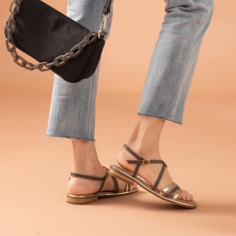 Polonia Gladiator Platt Sandal I Läder För Kvinnor - Kaffe