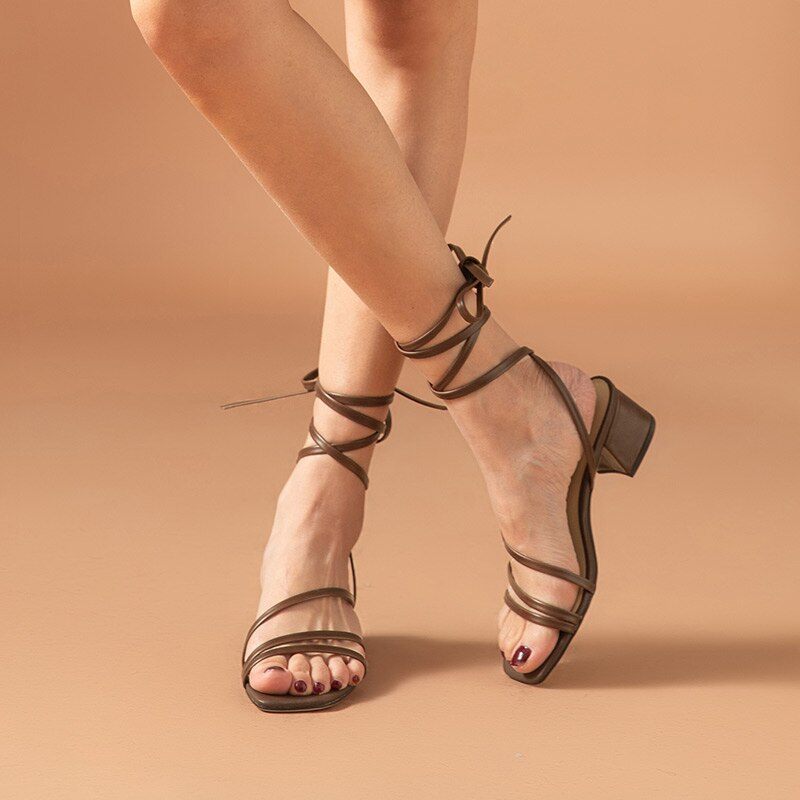 Reina Dam Vintage Square Toe Lädersandaler - Kaffe