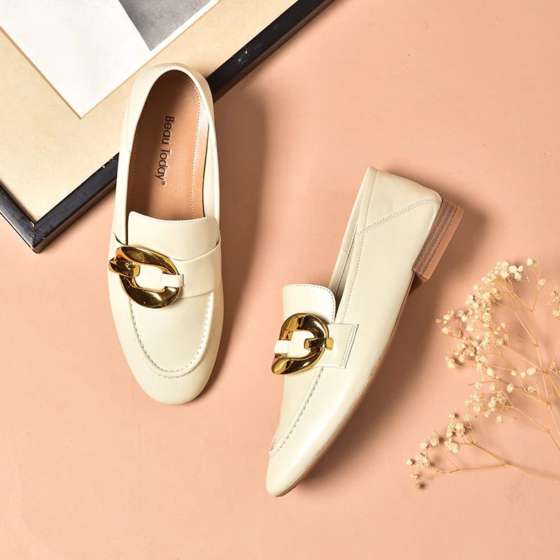 Rinaldi Platta Läder Loaferskor För Kvinnor - Beige