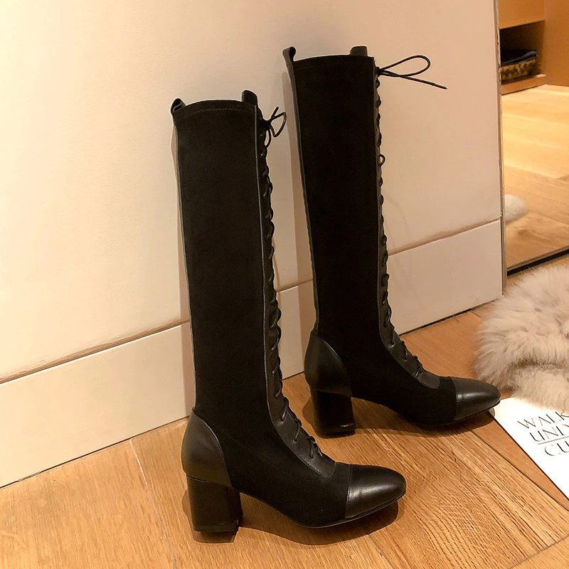 Santy Knähöga Kängor I Läder För Kvinnor - Black Velvet