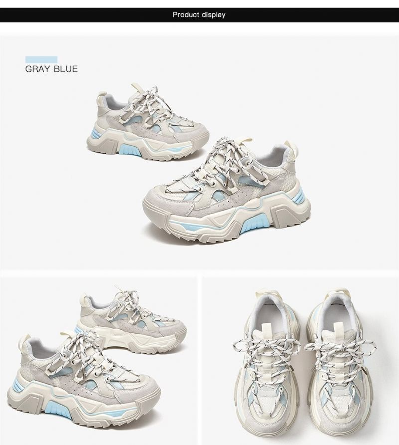 Sinay Läder Sneaker Platform Sole Skor För Kvinnor - Grå Blå