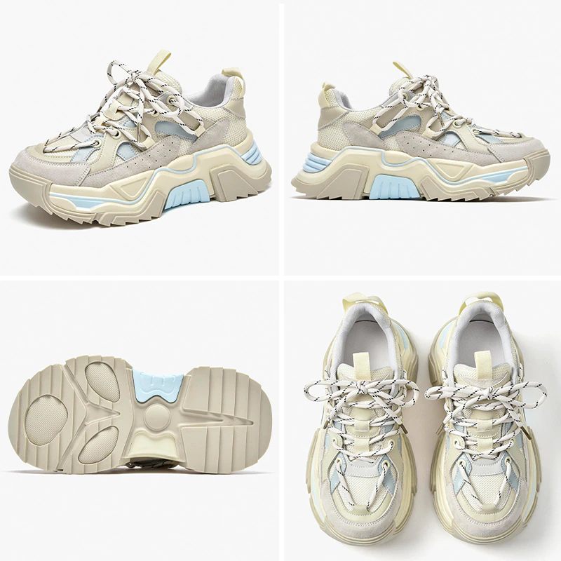 Sinay Läder Sneaker Platform Sole Skor För Kvinnor - Grå Blå