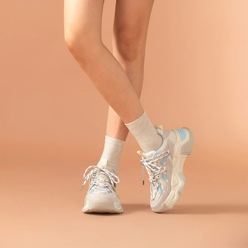 Sinay Läder Sneaker Platform Sole Skor För Kvinnor - Grå Blå