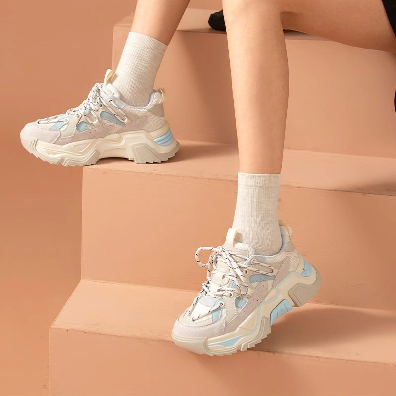 Sinay Läder Sneaker Platform Sole Skor För Kvinnor - Grå Blå