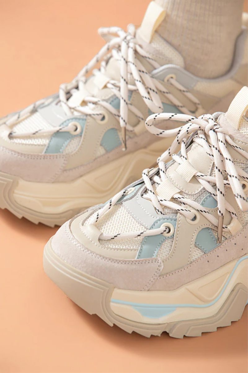 Sinay Läder Sneaker Platform Sole Skor För Kvinnor - Grå Blå