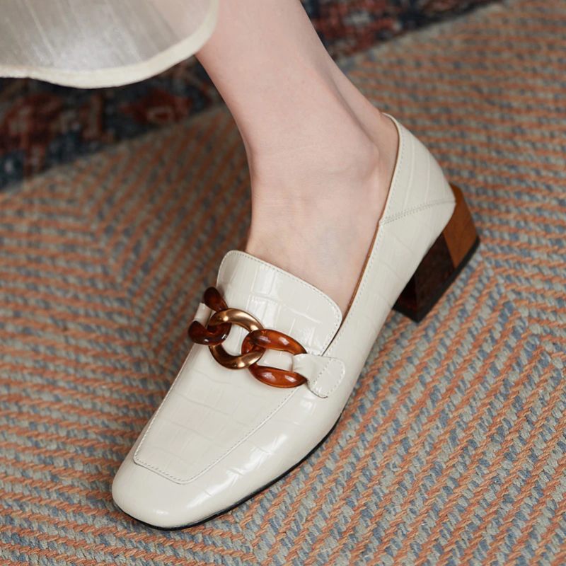 Susex Chunky Häl Läder Loafer Skor För Kvinnor - Beige