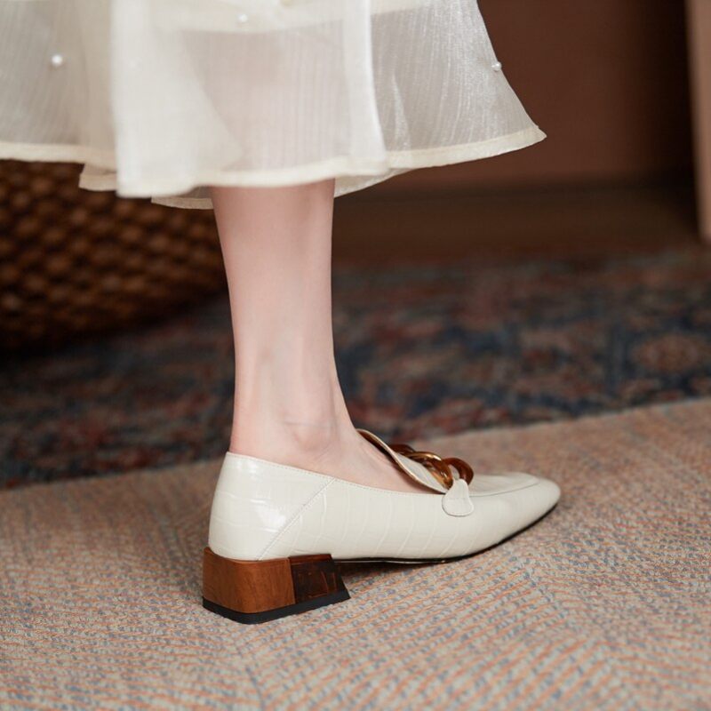 Susex Chunky Häl Läder Loafer Skor För Kvinnor - Beige