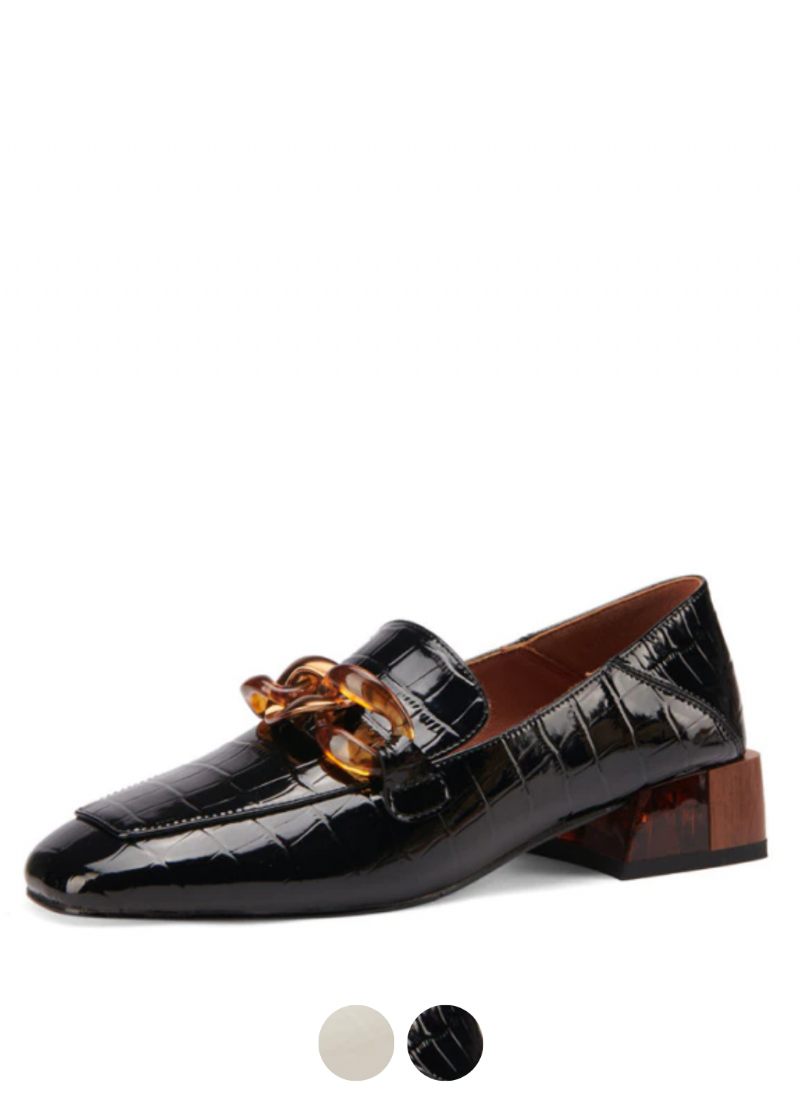 Susex Kvinnors Chunky Heel Leather Black Loafer