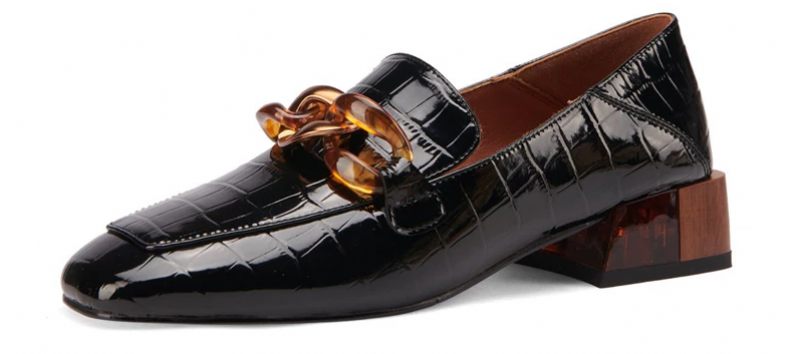Susex Kvinnors Chunky Heel Leather Black Loafer - Svart