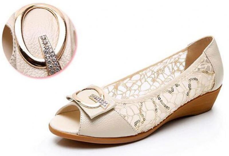 Victoria Lädersandal För Kvinnor Med Spets - Beige