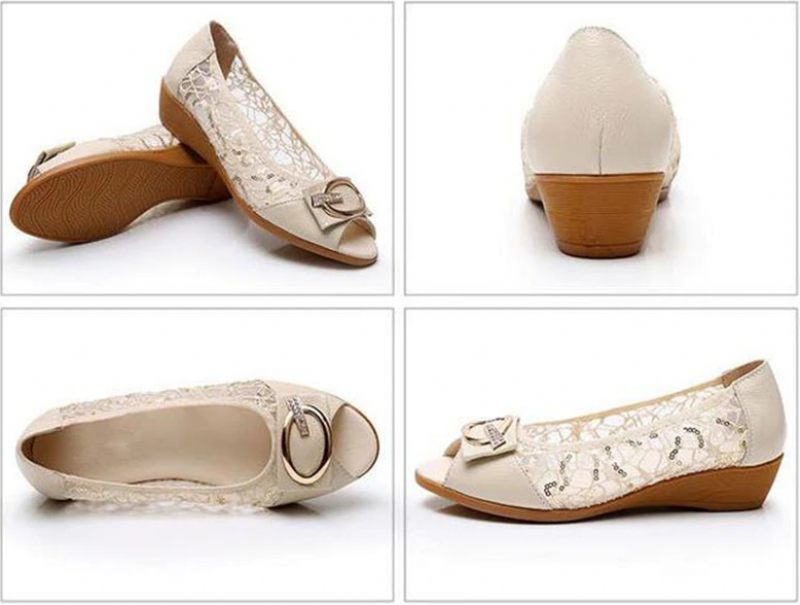 Victoria Lädersandal För Kvinnor Med Spets - Beige